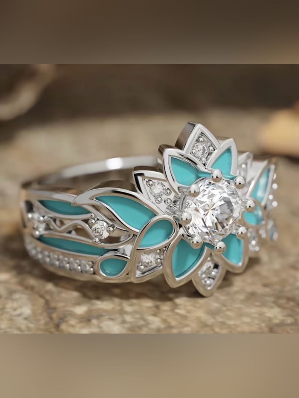 Turquoise Floral Halo Engagement Ring - Women Jewelry